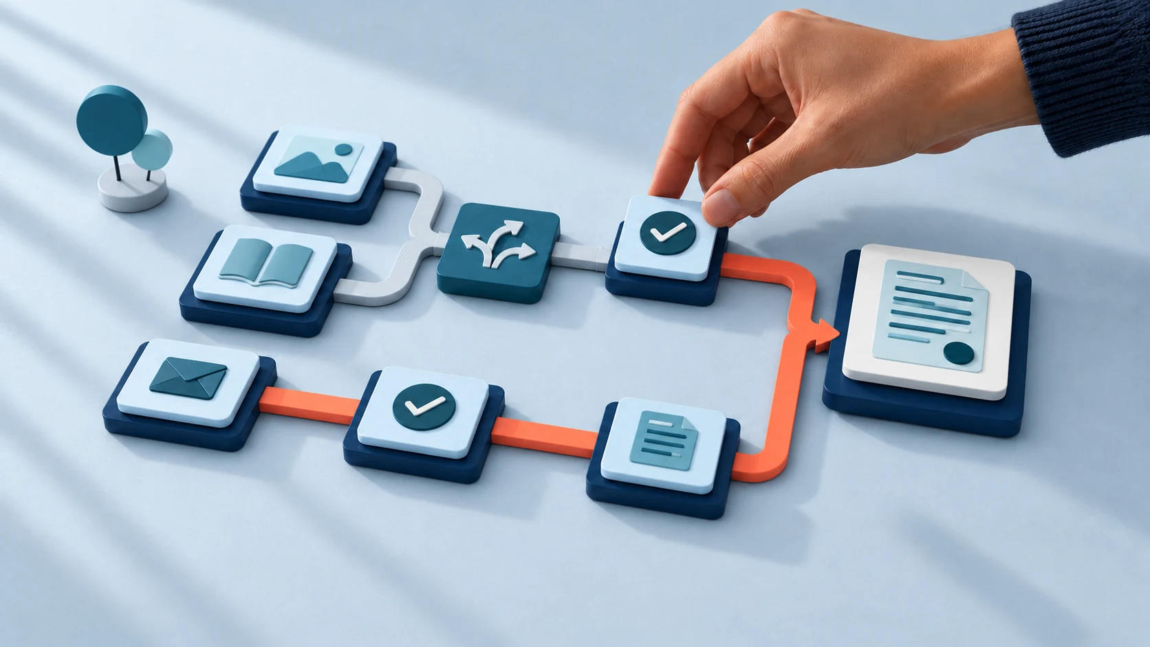 A hand joins blue workflow tiles through branching paths and a coral automation route.