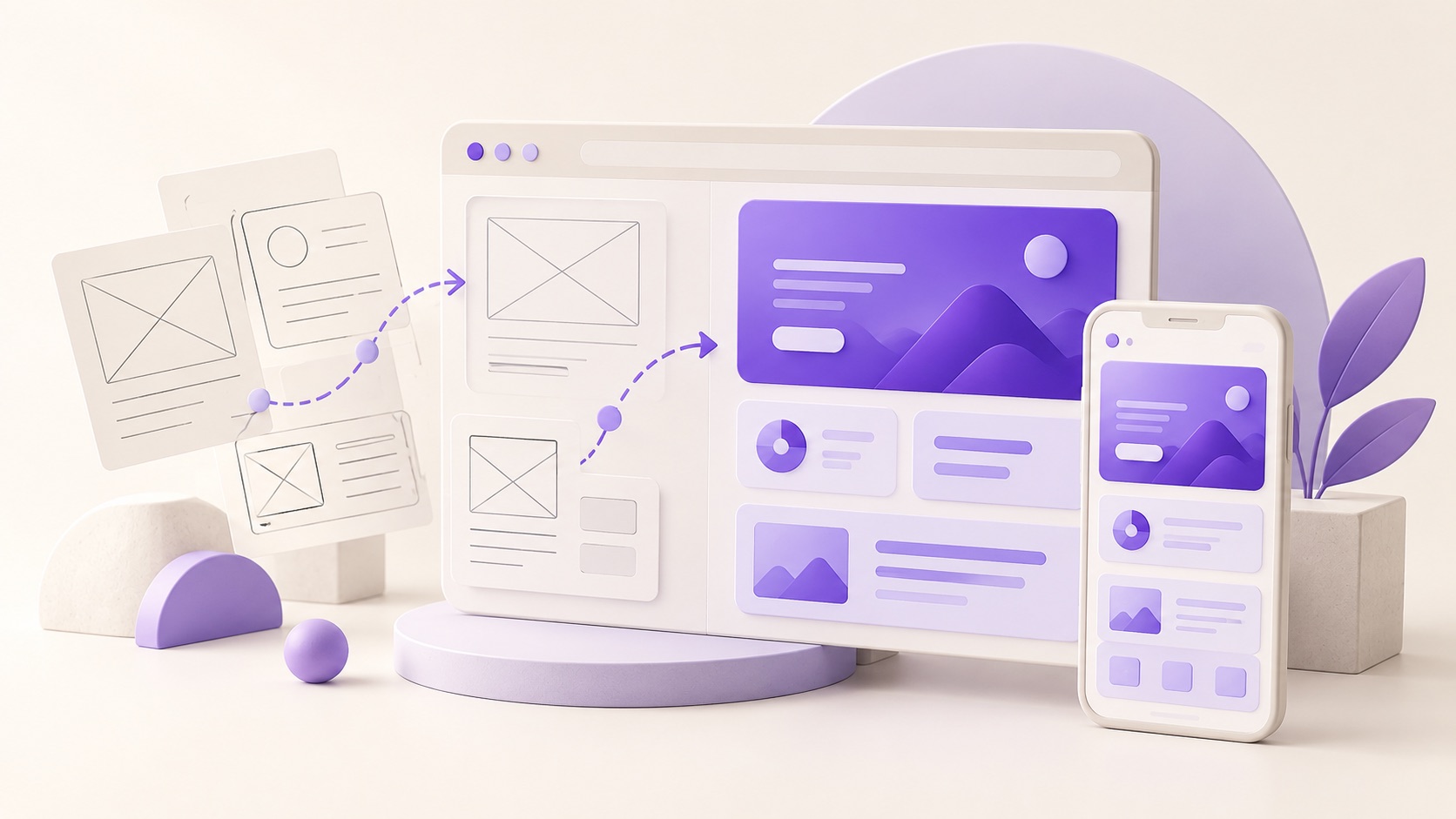 Concept illustration of wireframes becoming a purple web application across desktop and mobile screens.