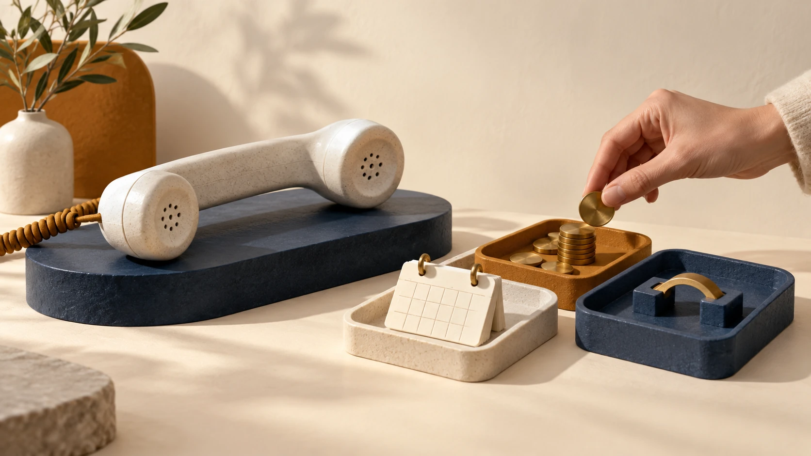 A ceramic telephone receiver on an ink-blue base beside a calendar, brass tokens and a small connector model.