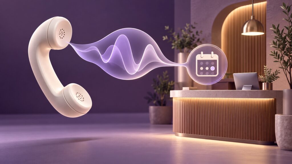Illustration of an ivory telephone handset sending a lavender voice wave to a business reception desk and appointment calendar.