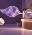 Illustration of an ivory telephone handset sending a lavender voice wave to a business reception desk and appointment calendar.