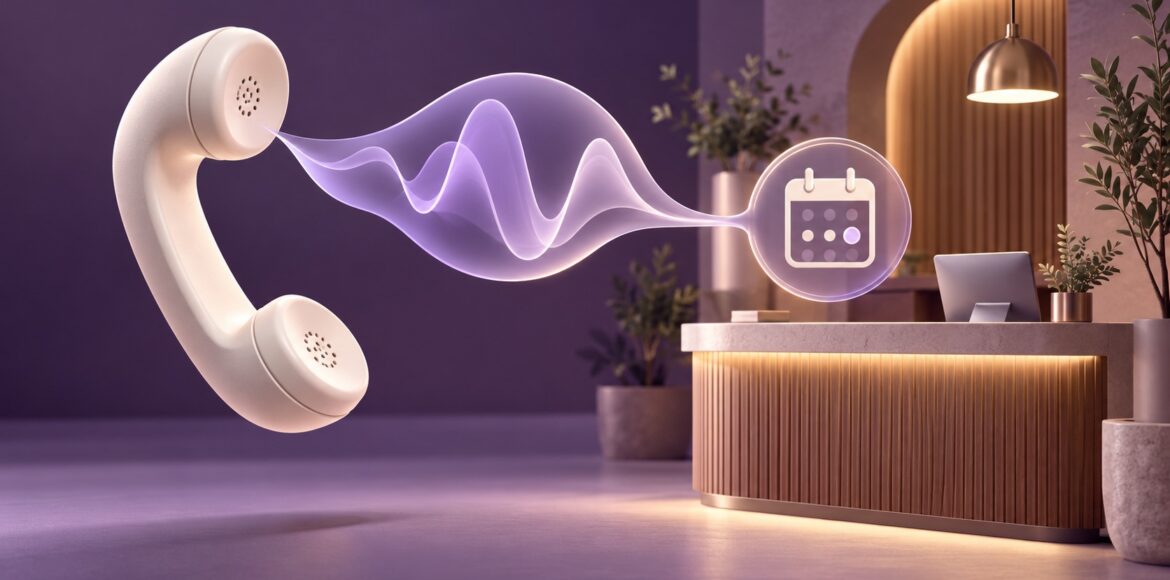 Illustration of an ivory telephone handset sending a lavender voice wave to a business reception desk and appointment calendar.