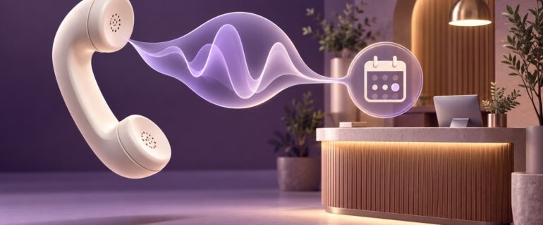 Illustration of an ivory telephone handset sending a lavender voice wave to a business reception desk and appointment calendar.