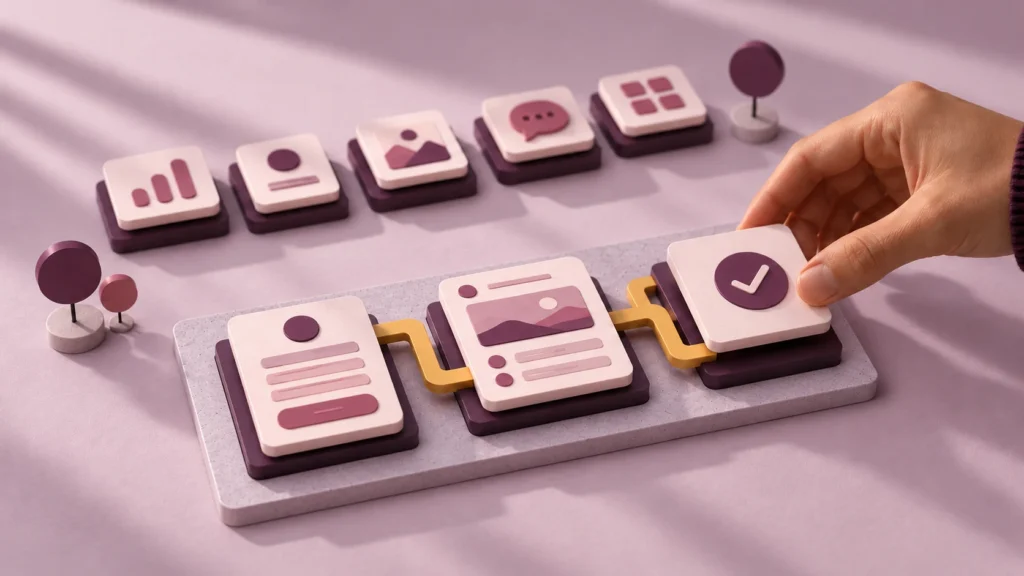 A hand completes a three-panel MVP sequence in plum and rose, linked by an ochre route, with unused feature tiles behind it.