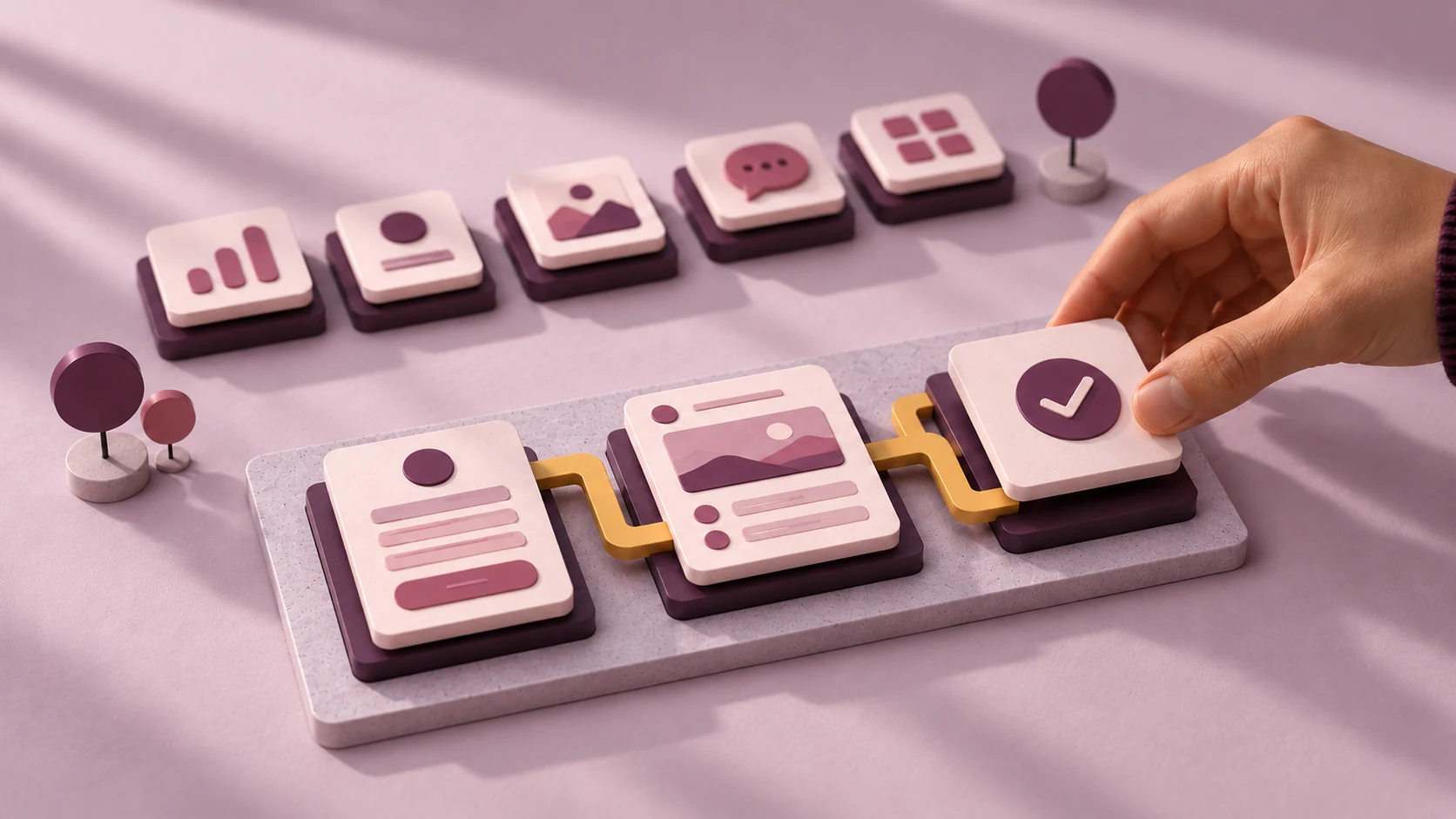 A hand completes a three-panel MVP sequence in plum and rose, linked by an ochre route, with unused feature tiles behind it.