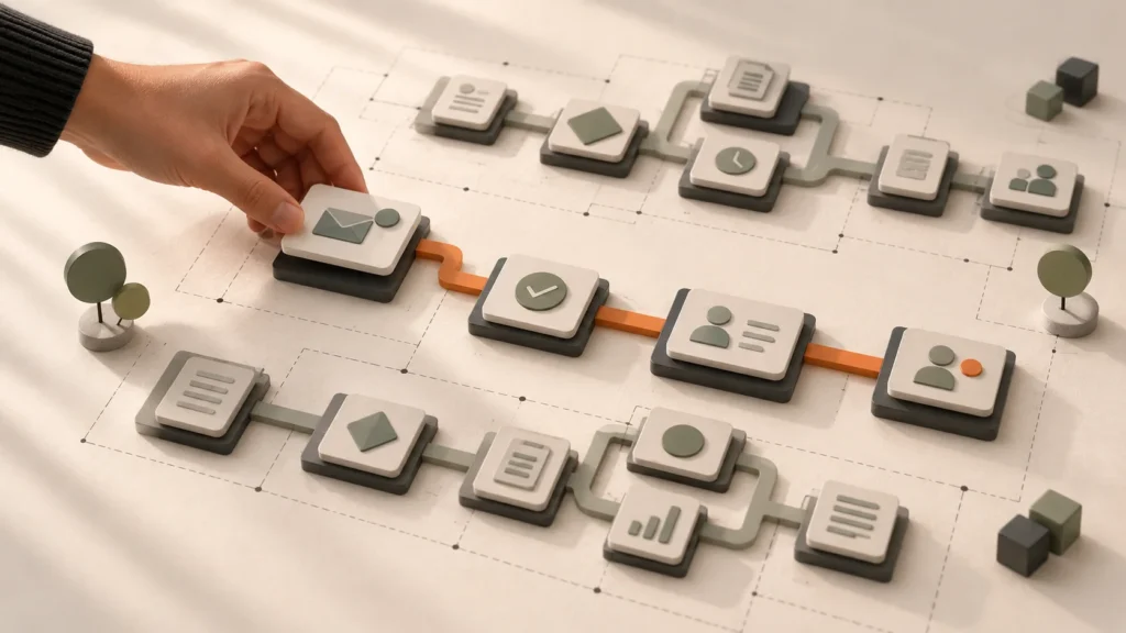 A hand selecting a simple route between miniature business task cards on an ivory tabletop.
