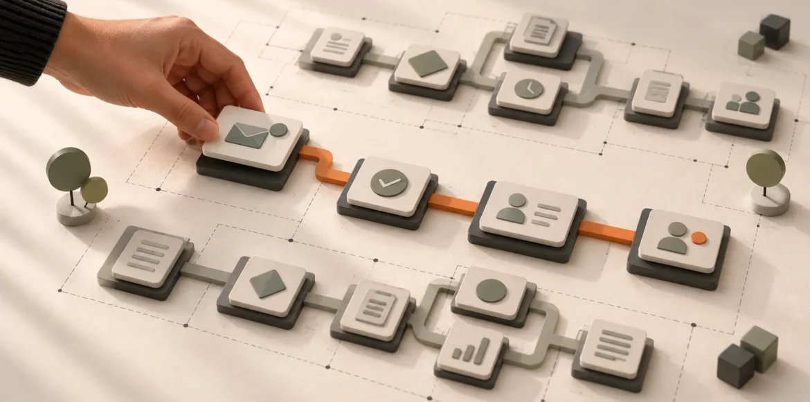 A hand selecting a simple route between miniature business task cards on an ivory tabletop.