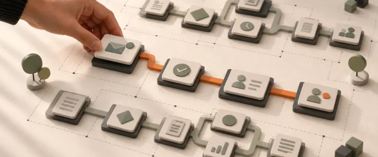 A hand selecting a simple route between miniature business task cards on an ivory tabletop.