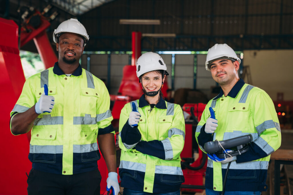 Three workers in hard hats and high-visibility clothing giving thumbs up in a factory; illustrative photograph