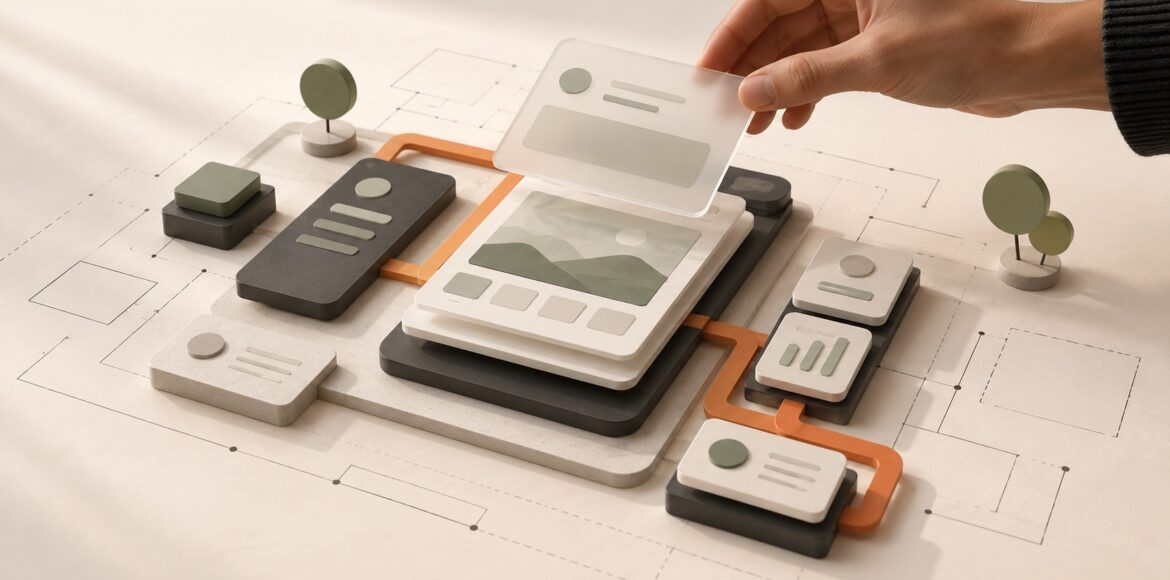 A hand positions an interface panel within a layered model of an app, with connected components and plans for expansion.