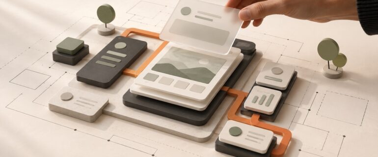A hand positions an interface panel within a layered model of an app, with connected components and plans for expansion.