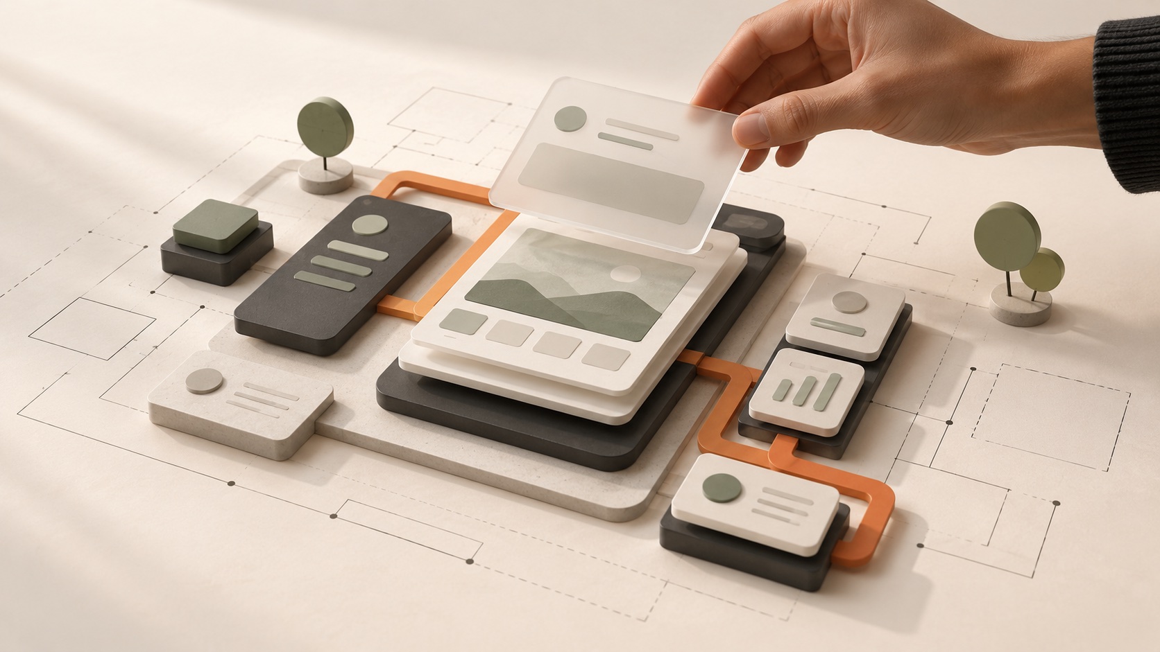A hand positions an interface panel within a layered model of an app, with connected components and plans for expansion.